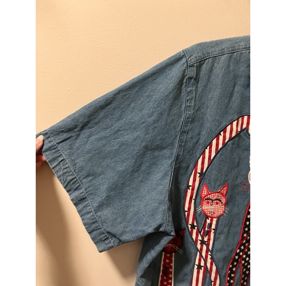 Tantrums Denim Shirt Cats Patriotic 4th Of July Stars Stripes Sz 2X Unique‎ - Picture 6 of 8